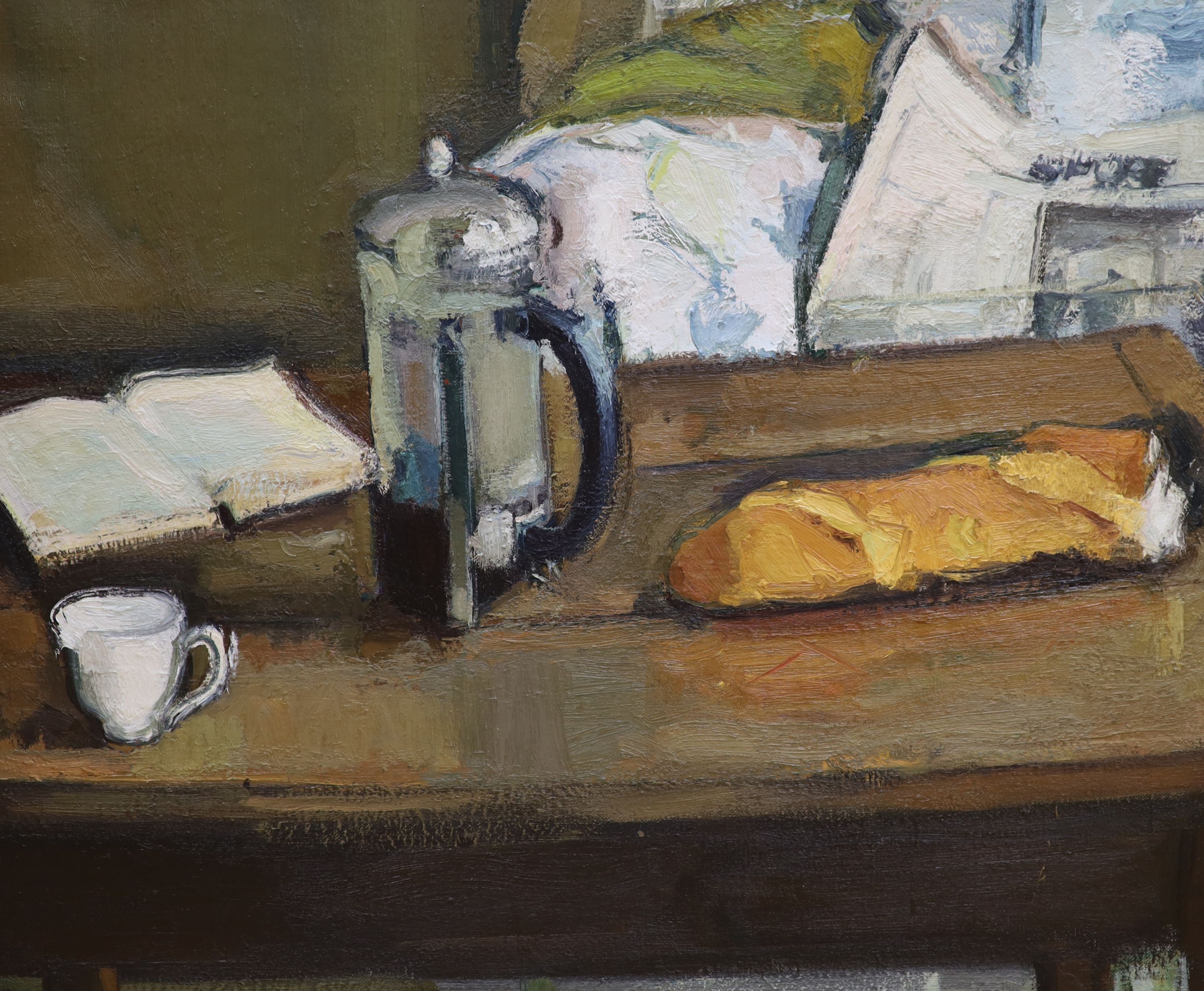 Nicholas Volley (1950-2006), oil on canvas, 'Coffee Pot and Newspapers', 76 x 92cm, unframed